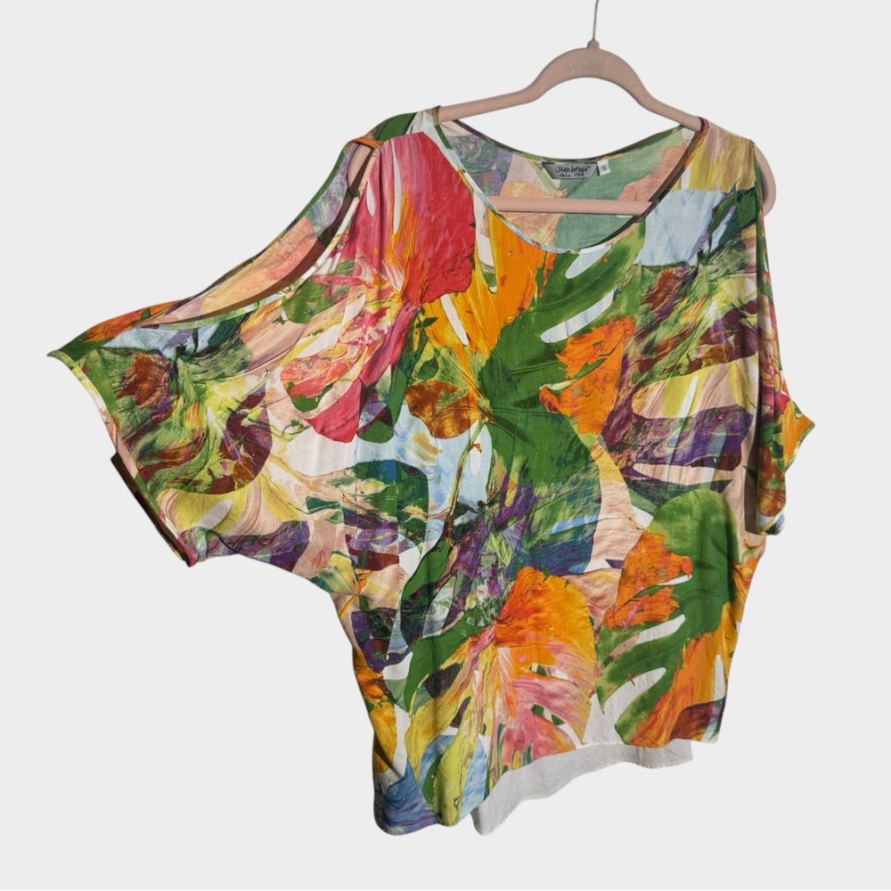 Jams World Multicolor Tropical Print Cold Shoulder Blouse, Small